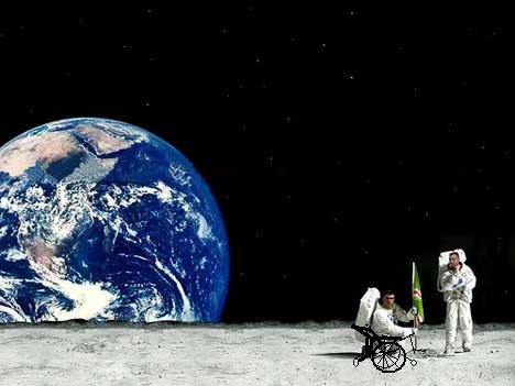 2 astronauts on the moon with the earth in the background. One is in a wheelchair. This ends the story of forgiveness