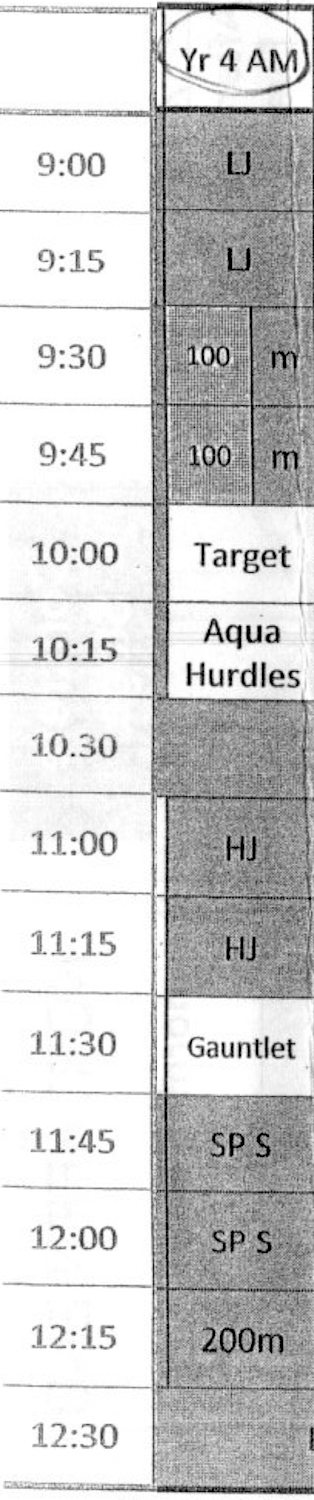 the timetable showing that the gauntlet is on at 1130am from cedar college northgate