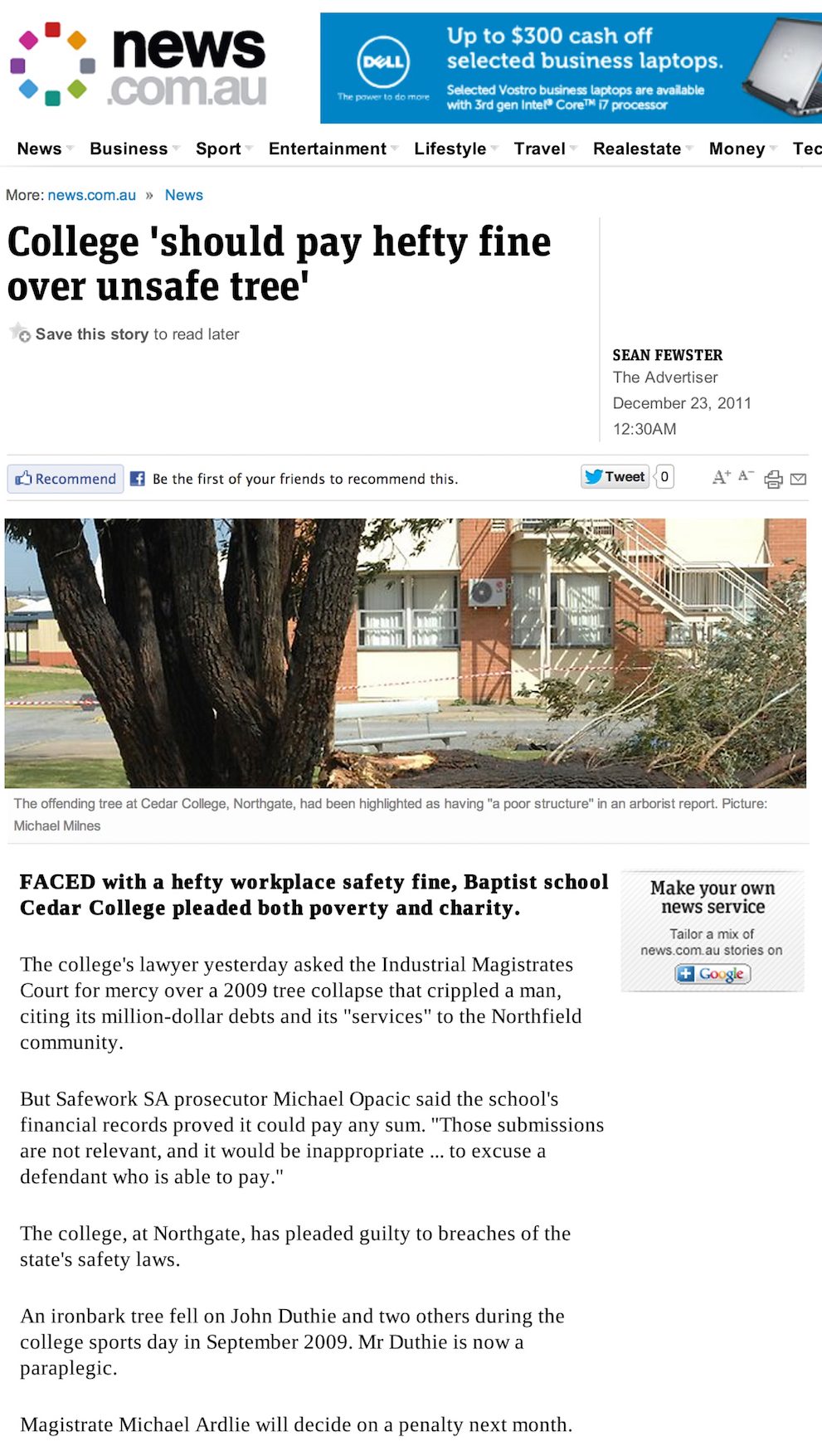 a newspaper describing the safework sa prosecution of Cedar College