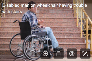 disability stock photographs - man in wheelchair at the bottom of the stairs thinking he can climb he stairs - why?