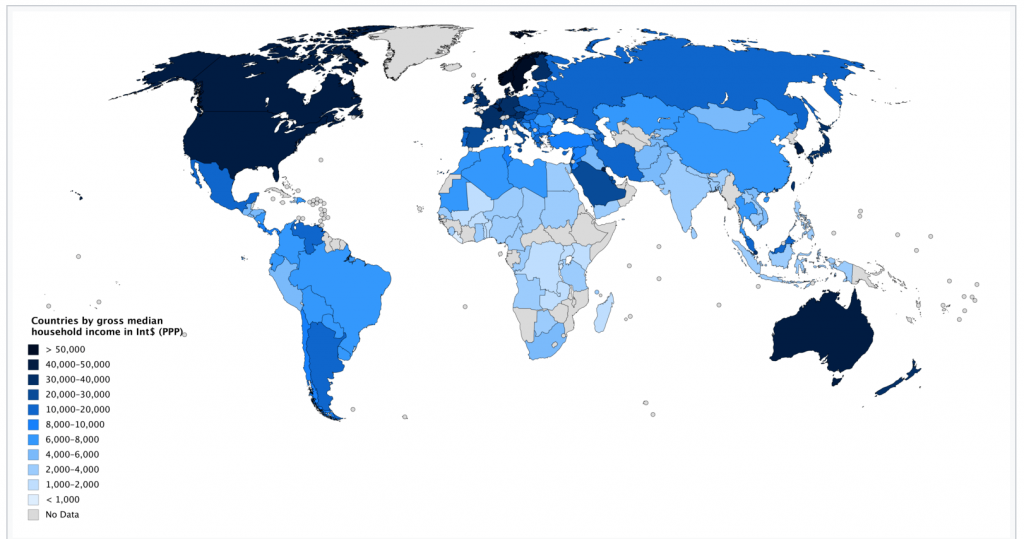 The map shows colour coding of countries in median income order. Australia is the lucky country