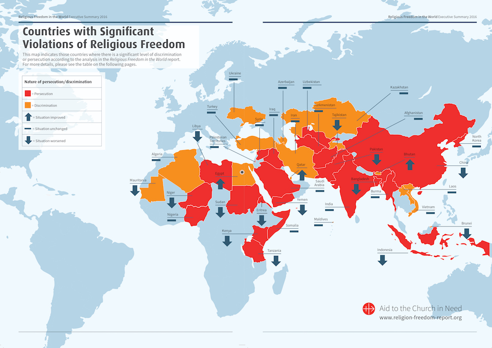 the map shows violations of religious freedom in the world - centres around middle east, asia and africa