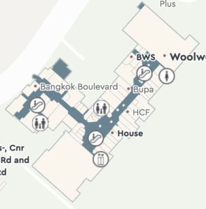 Level 1 map of the TTP westfield shops. It shows the essential facilities, but the accessible toilets cannot be seen