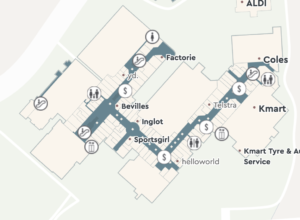 Level 2 map of the TTP westfield shops. It shows the essential facilities, but the accessible toilets cannot be seen