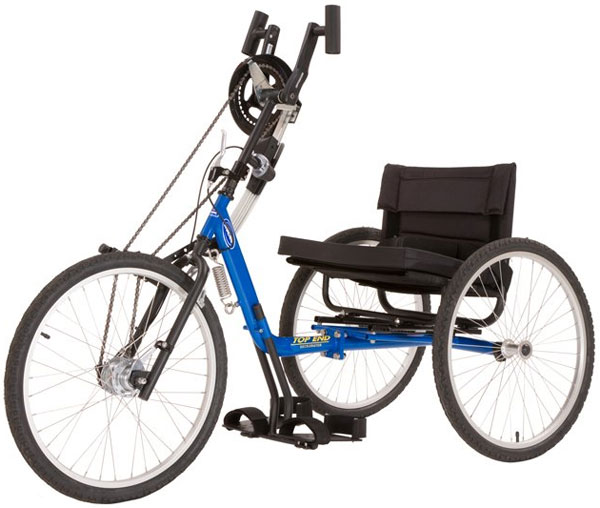 a blue tricycle with hand controls that steer, brake and push the chair along