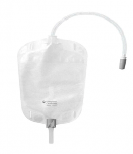 plastic bag that holds 500ml of urint, and a tap at the bottom, and a tube at the top that connects to a catheter