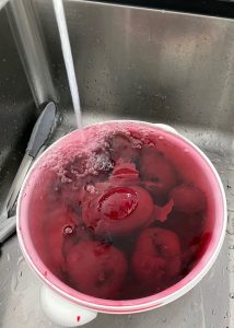 pickling beetroot - cooling down in a pot of water with some running water too