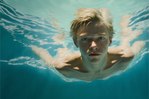 a young man swimming in a large pool