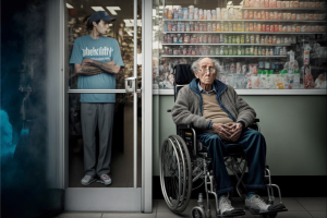 man sits in a wheelchair at a store and is ignored by the staff. The Disability Discrimination Act