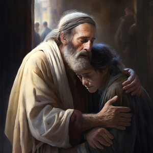 Healing and Faith - a man hugging his son before coming to Jesus for healing